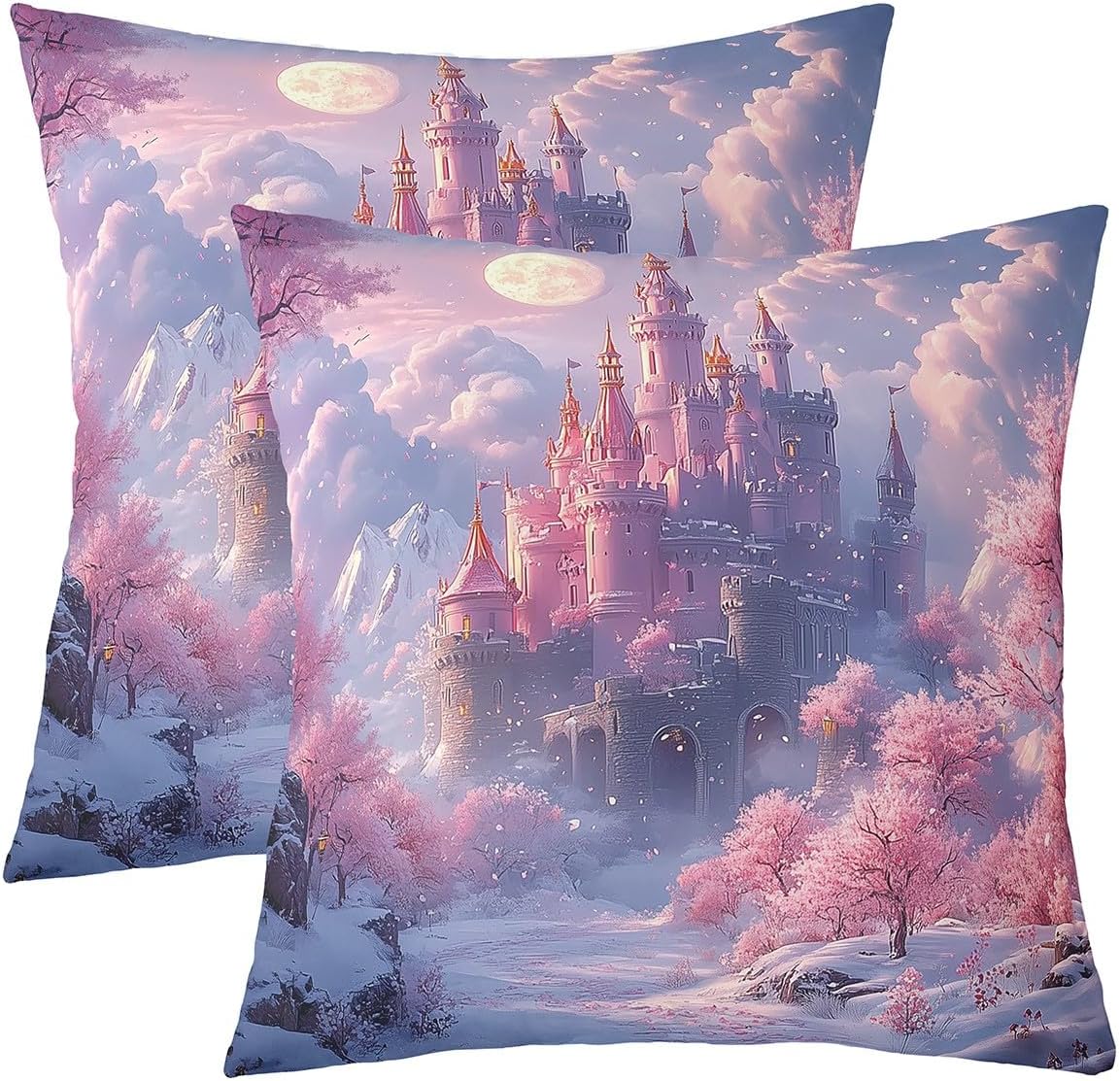 Japanese Ukiyoe Pillow Covers for Couch Sofa Bed Camping Dreamy Scenery Cushion Covers Cherry Trees Fuji Mountain Cushion Case Rustic Cabin Outdoor Pillowcases 22"x22",Set of 2