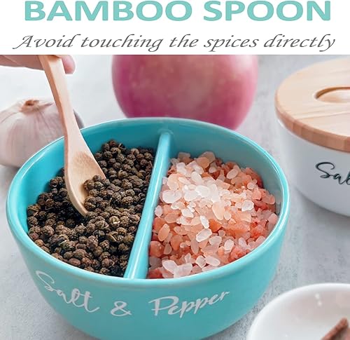 Miniatura 4 de Cuencos de cerámica para sal y pimienta, bodega de sal con tapa y cuchara de bambú, soporte para caja de sal de granja con dos compartimentos