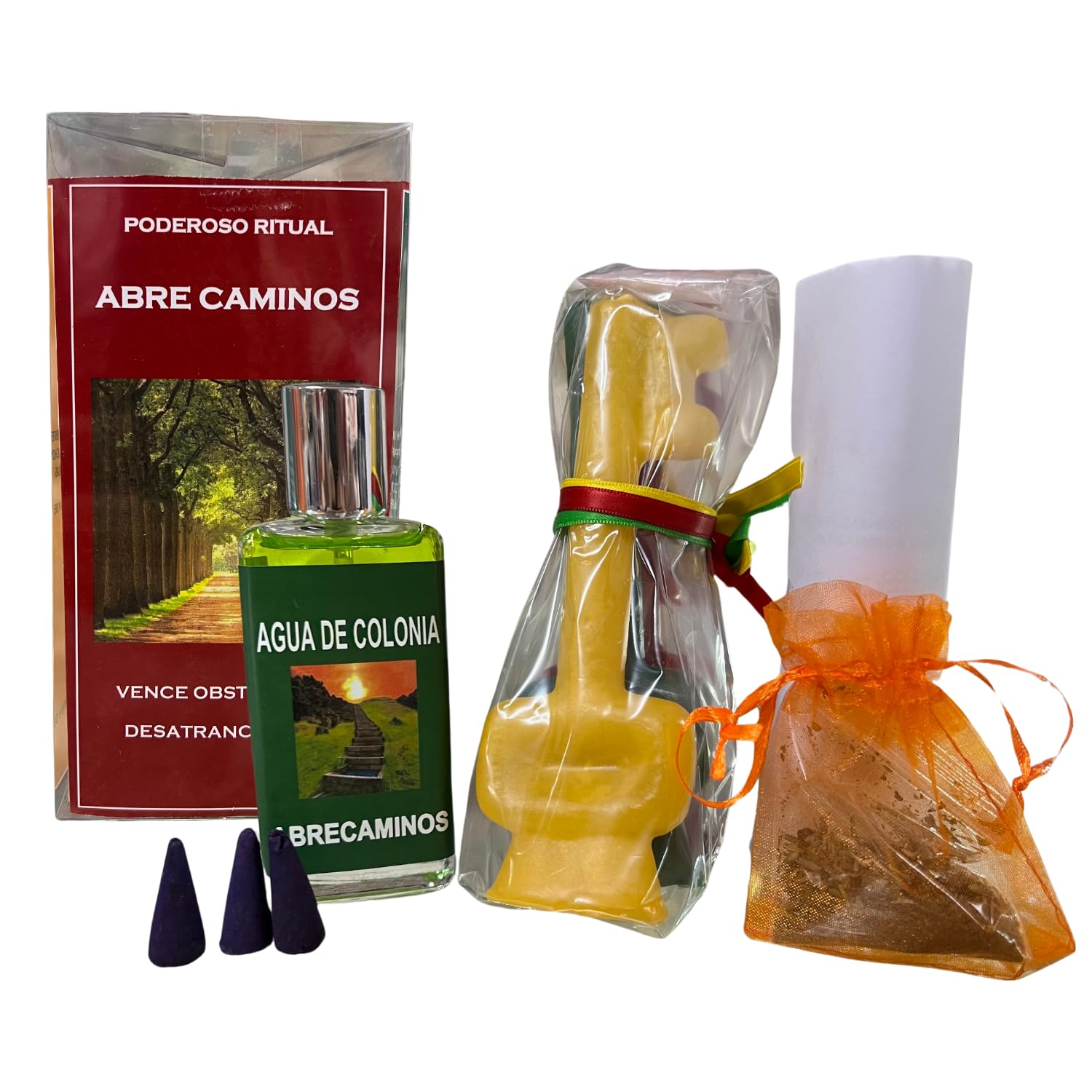 Ritual Abre Caminos: Pack con 3 Velones de Llave, 3 Lazos de Colores, Hierbas, Saco, Perfume, Conos de Incienso e Instrucciones de Uso con Oración | Ritual Completo para Desatrancar Situaciones.