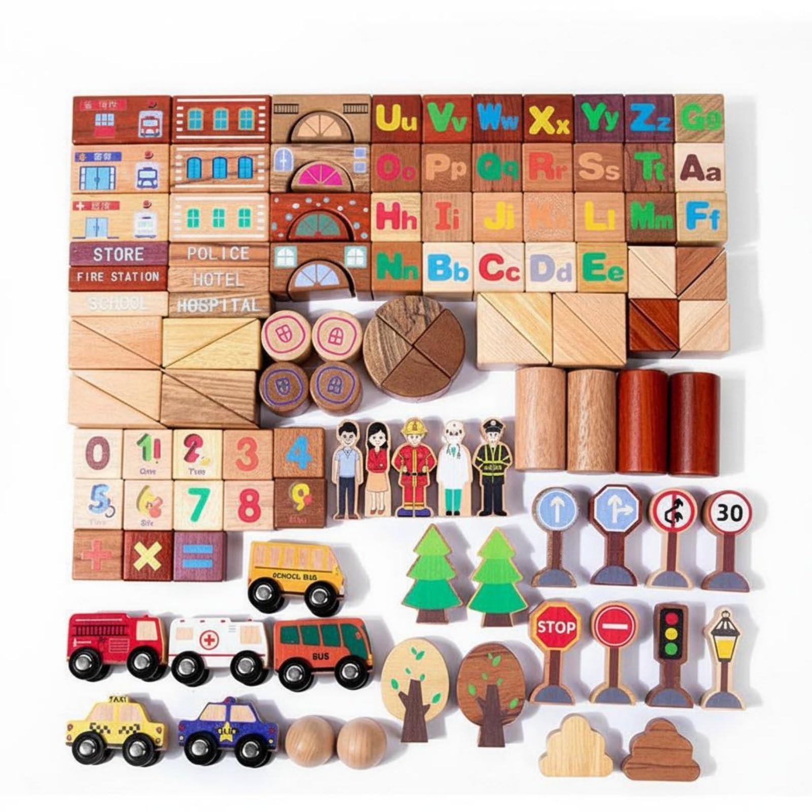 118 Pezzi Blocchi Costruzione Bambini Set Educativo Legno Scena Cittadina Segnali Auto Mattoncini Tattili in Faggio per Fantasia E Problem Solving