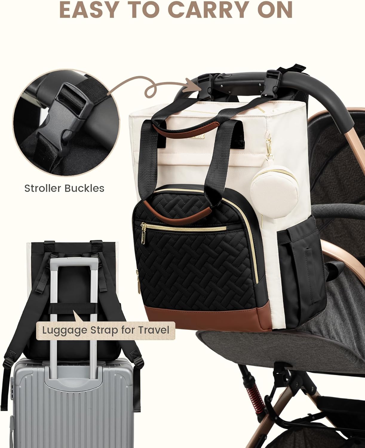 LOVEVOOK Diaper Bag Backpack, Large Capacity Portable Baby Bag with Foldable Diaper Changing Pad, Waterproof Baby Diaper Bags Gift for Mon Dad, Ivory Ebony