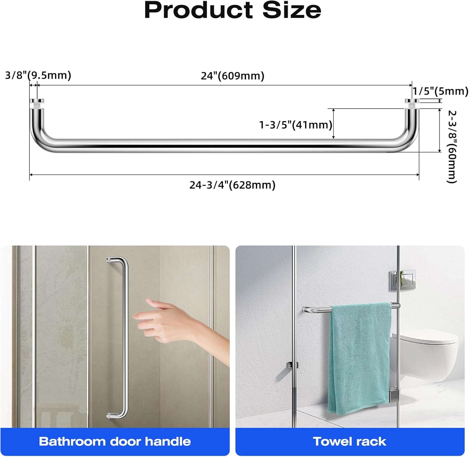 Ranbo Glass Shower Door Towel Bar 24 Inch Stainless Steel Sliding Shower Door Handle Replacement with Polished Chrome Finish for Commercial and Residential Glass Doors