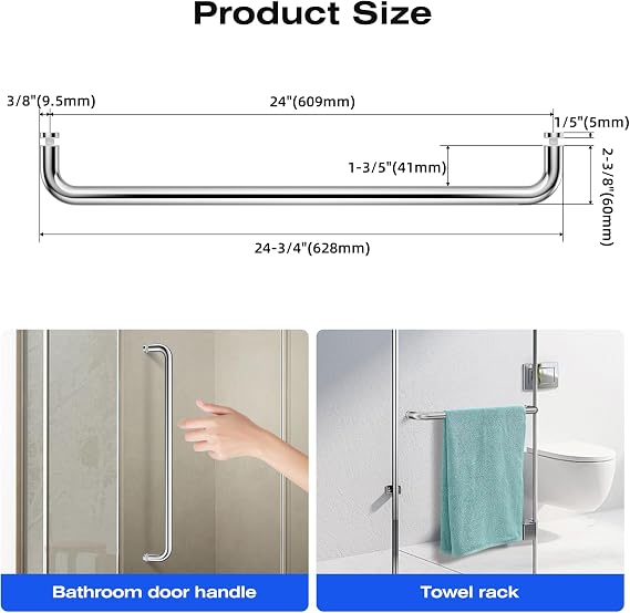 Ranbo 24 Inch Shower Door Handle, Single-Sided Towel Bar, Polished Chrome