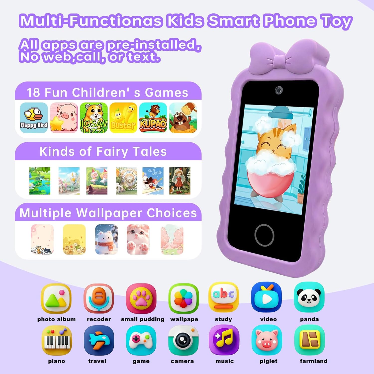 Kids Smart Phone for Gifts Birthday Christmas,Gimubaba Toy Phone Toddler Cell Phone Play Phone with 2.8" Touchscreen/Dual Camera/TF Card for Playing Game/Music/Learning (Purple)