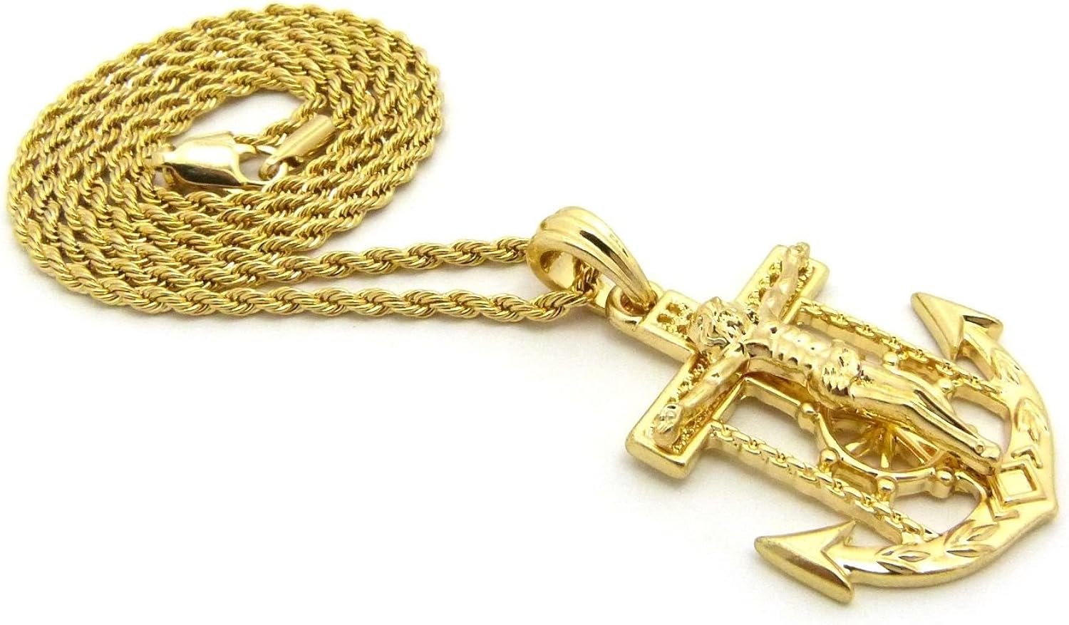 Miniatura 4 de Shiny Jewelers USA - Colgante de cadena cubana de cuerda para hombre Jesús con ancla de cruz y cadera, 24.0in