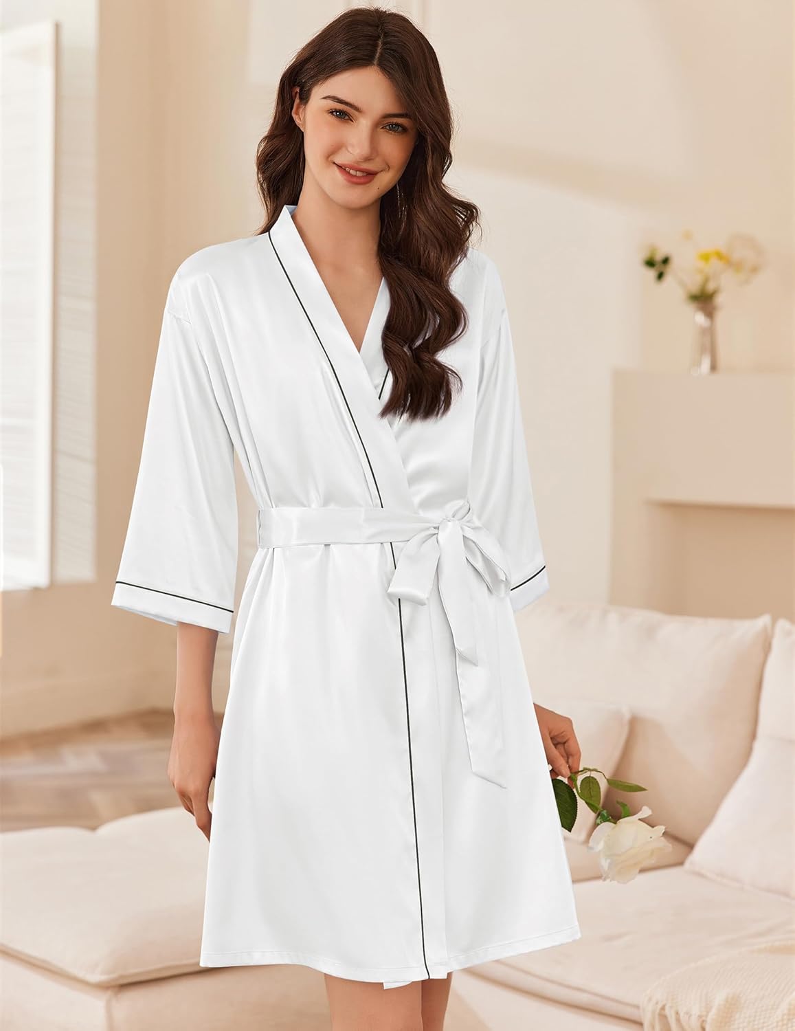 Ekouaer Women's Silk Robe Set V Neck 2 Piece Satin Bathrobes 3/4 Sleeves Bridal Sleepwear Sexy Cami Nightgown - Image 2