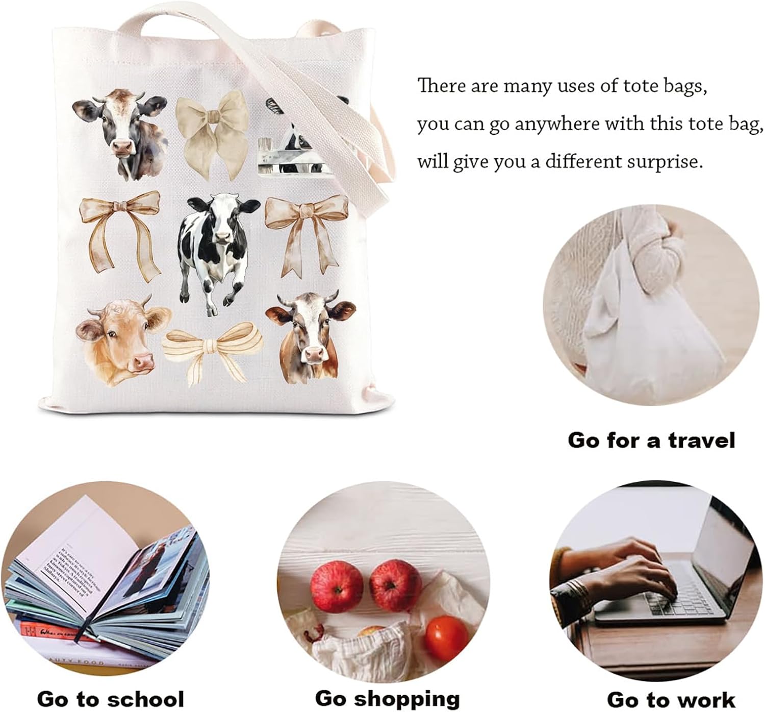 Coquette Cows Buffalo Themed Tote Bag Cow Owned Canvas Bag Farmhouse Farm Life Gift Cow Mom Gift Ribbons Cows Lover Handbag