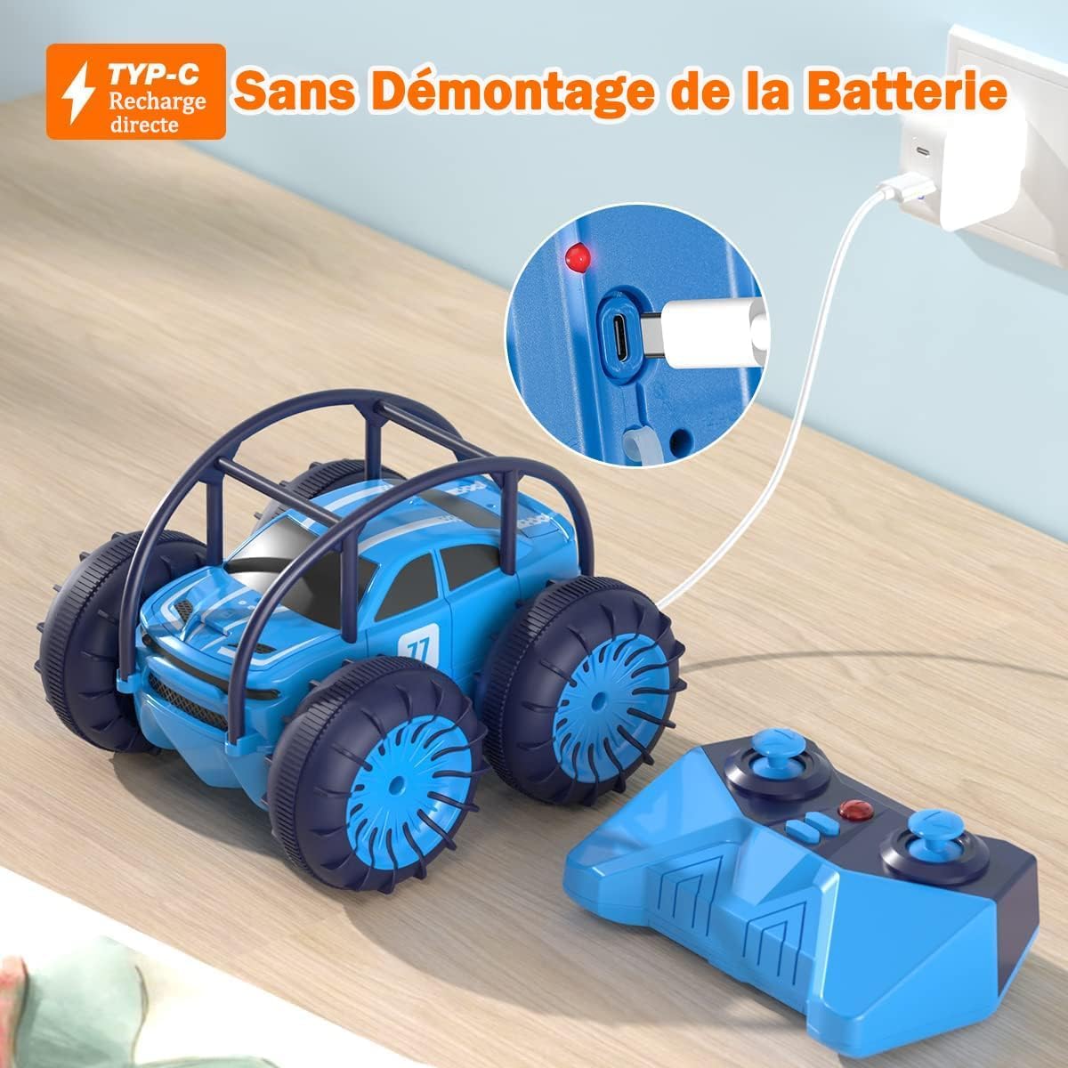 MaxTronic Chargement Direct Voiture Télécommandée avec LED Réglable, Amphibie RC Radiocommandée pour Enfant 4WD 360° Rotation, 2.4Ghz Tout Terrain Voiture Cars Fête Cadeau 3-12 Ans Garçon Fille