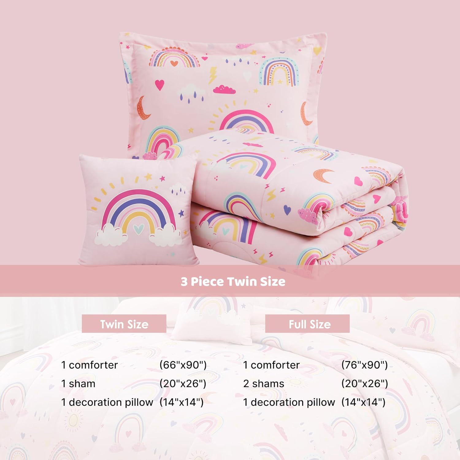 Glow in The Dark Twin Size Comforter Set for Girls, Pink Rainbow Bedding Set for Kids 1 Comforter, 1 Decor Pillow, 1 Pillow Sham - Image 5