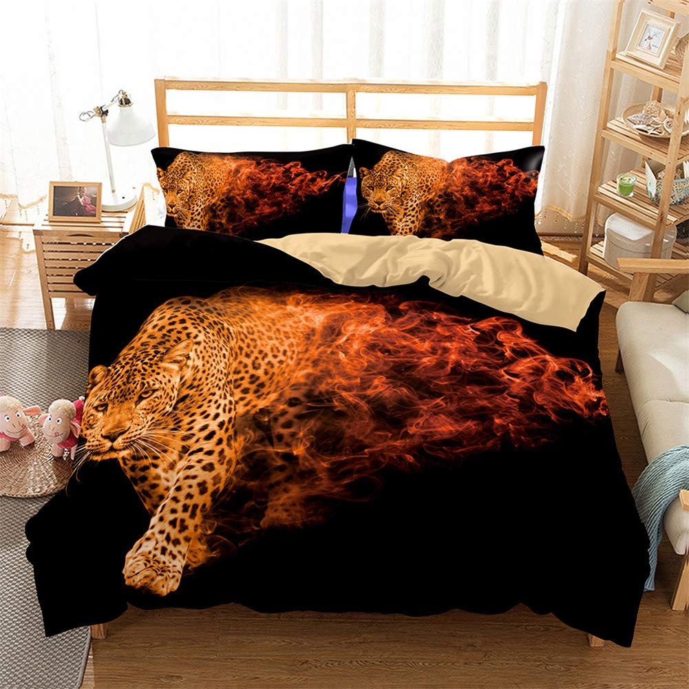 Parure de lit 4 pièces léopard 180x220cm avec housse de couette drap plat et taies