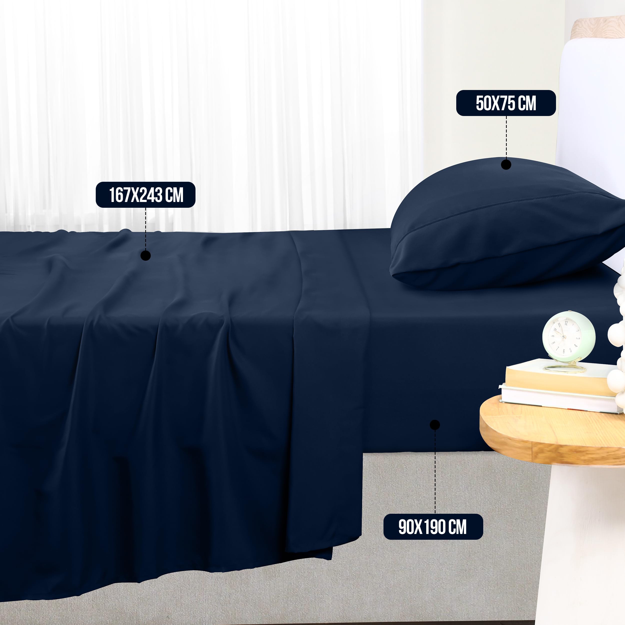 Utopia Bedding - Set Lenzuola Letto Singolo 3 Pezzi 90x190 cm - Spazzolata Poliestre di Microfibra - Oeko-Tex Certificato - Lenzuolo con Angoli, Lenzuolo Piatto e 1 Federa 50x75, Blu Navy