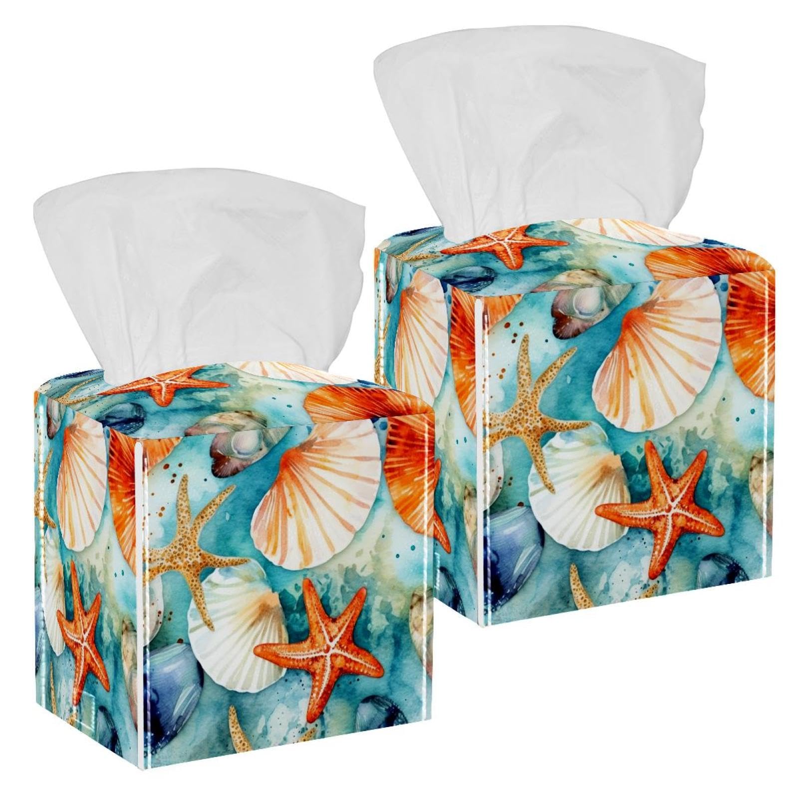 Starfish Shell Tissue Box Cover, 2 Pack PU Leather Square Facial Tissue Dispenser Box holder for Home Office Car