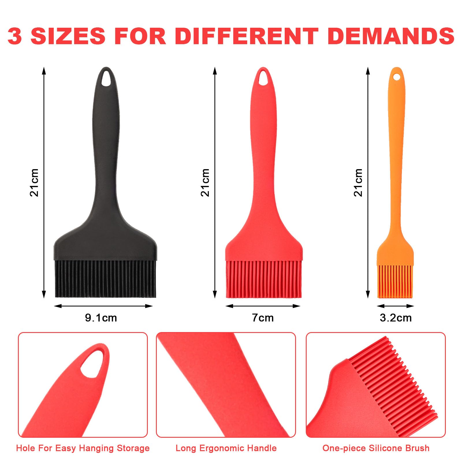 3 Pcs Pennello Silicone Cucina, 9.1/7 / 3.2 cm Pennello da Cucina, per Pasticceria Barbecue Bistecche, Cottura al Forno