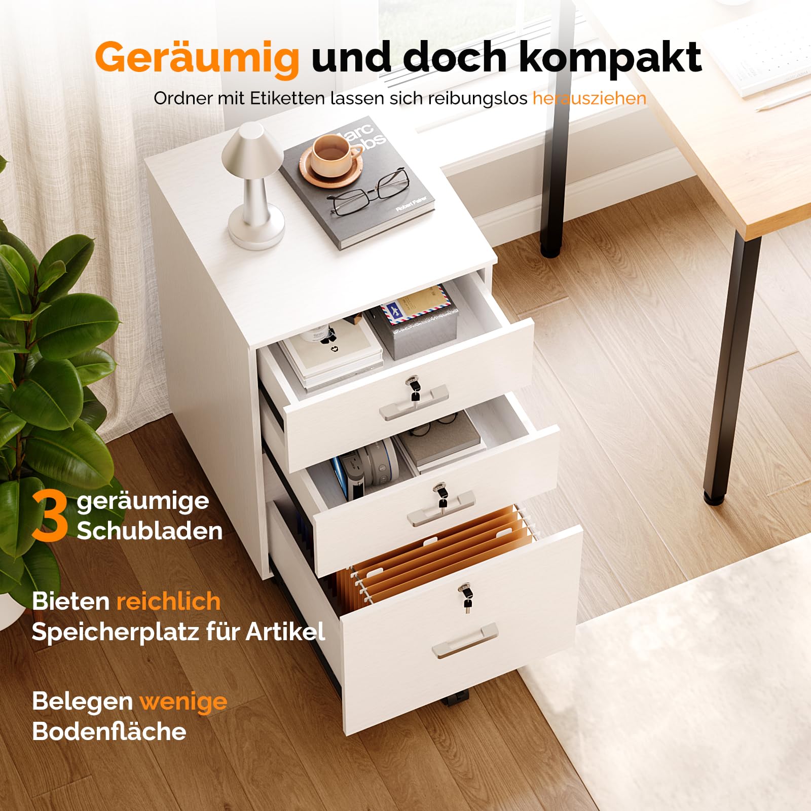 Bonnlo mobiler Aktenschrank 3 Schubladen für Büro, Homeoffice, weiß | Aktenschrank mit Rollen, mobiler Rollcontainer, abschließbarer Büroschrank, Schubladenschrank für A4- und Letter-Formate