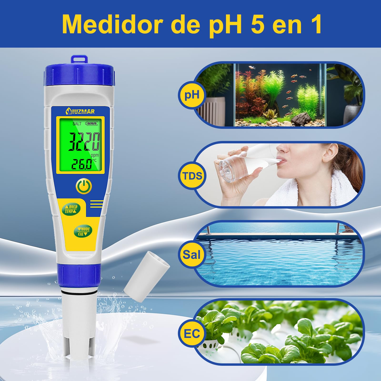 UIUZMAR Medidor de Sal Piscinas, Medidor Digital de Salinidad y pH Piscina Digital, Pantalla Más Grande, 5 en 1 Medidor de pH/Sal/EC/TDS/Temp para Hidroponia, Acuario, Spa, Agua