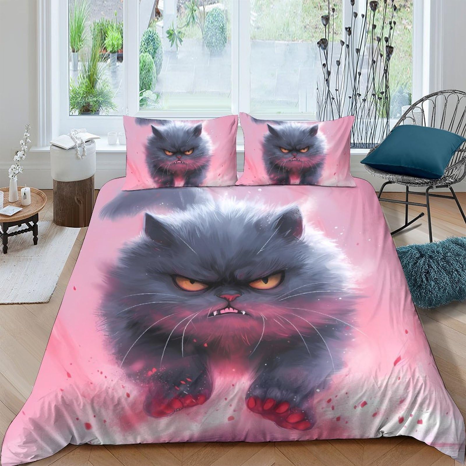 Ctjqhvkz Style-1 3D Printed Angry Black Cat Fitted Sheet Microfiber Pink Cartoon Bed Cover For Bedroom Dorm Mattress Protection Decor Single（135X200cm）