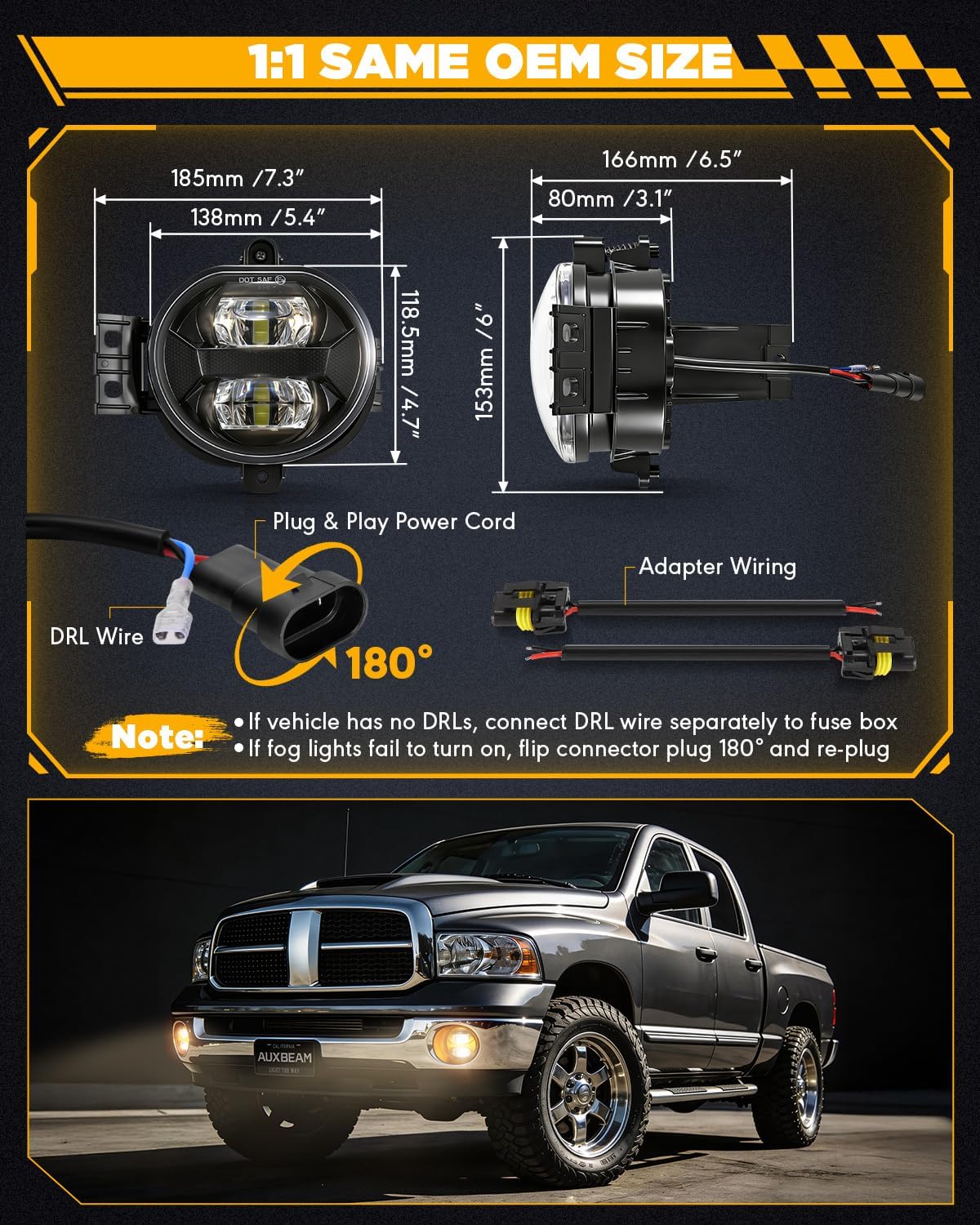 Auxbeam Upgraded LED Fog Lights with Amber DRL, Compatible with Dodge Ram 1500 2002-2008, Dodge Ram 2500/3500 2003-2009, Durango 2004-2006, DOT Approved OEM Replacement Bumper Fog Lamps, Black