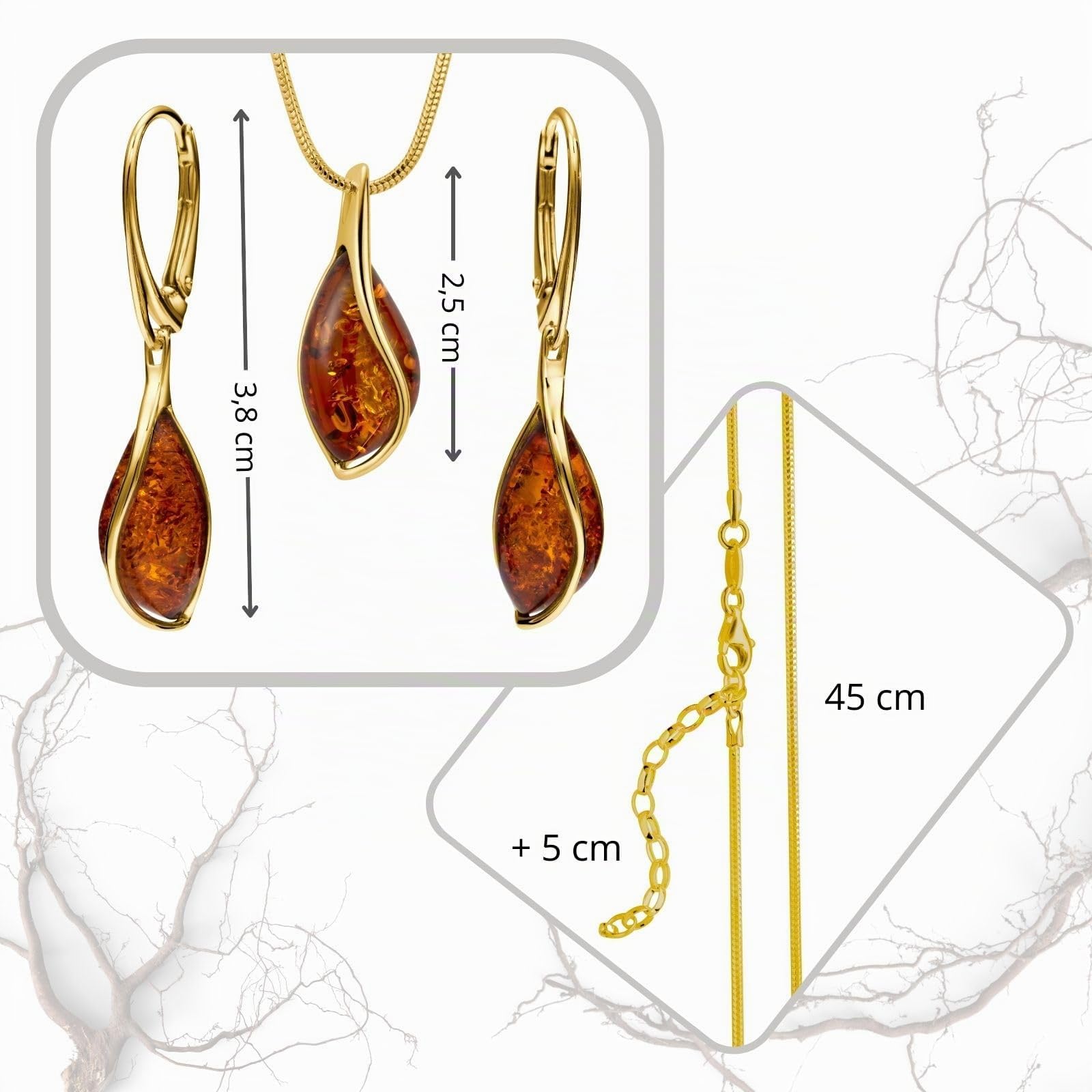 Copal Set Di Gioielli Da Donna Con Ciondolo In Ambra E Collana Regolabile In Argento Dorato