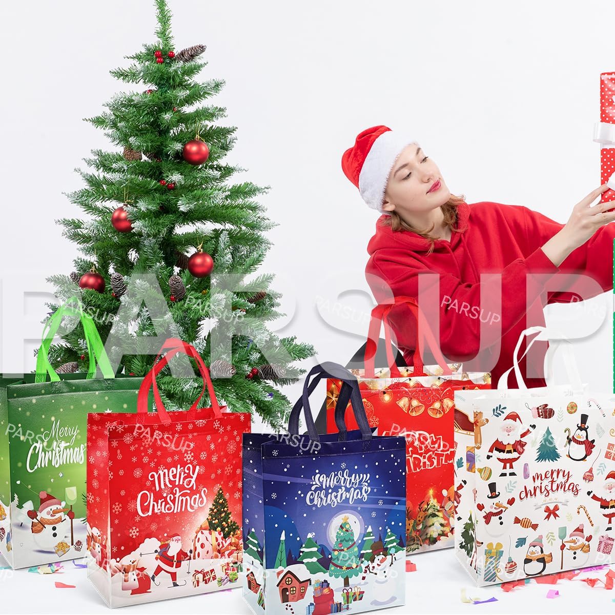 PARSUP 16PCS Christmas Gift Bags with Handles, Non-Woven Large Christmas Bags for Treat Gifts Wrapping Shopping, Xmas Party Supplies, 15×13.8×5.9inch - Image 5