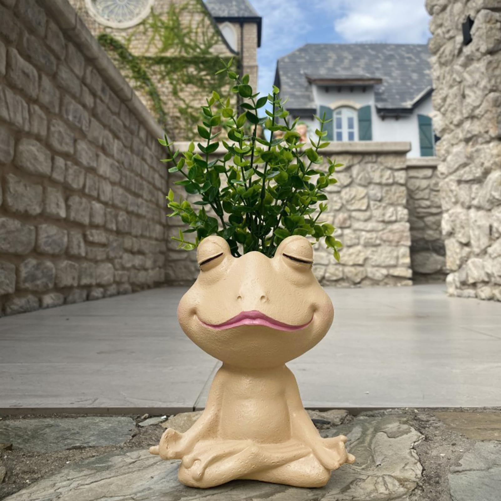 PlotX Gesichts-Übertopf „Yoga-Frosch“ Aus Harz – Mit Ablaufloch, Für Sukkulenten, 13x17 Cm (Khaki)