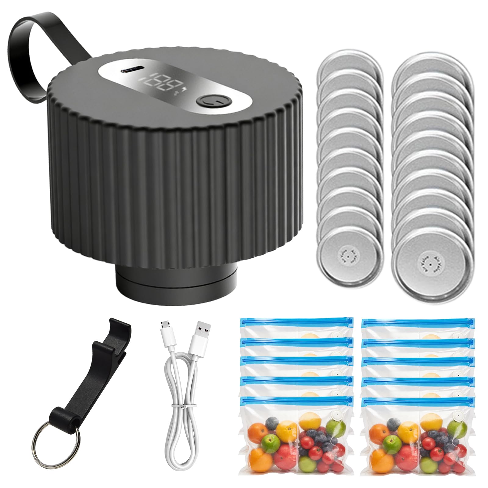 BORDEAG Vakuumierer Für Gläser,Vakuumierer Für Einmachgläser Mit Zubehör,Tragbares Vakuumiergerät Für Gläser,Vacuum Sealer Kit Für Haushalt Und Reise,Inklusive Vakuumbeutel,Deckel,USB-Anschluss