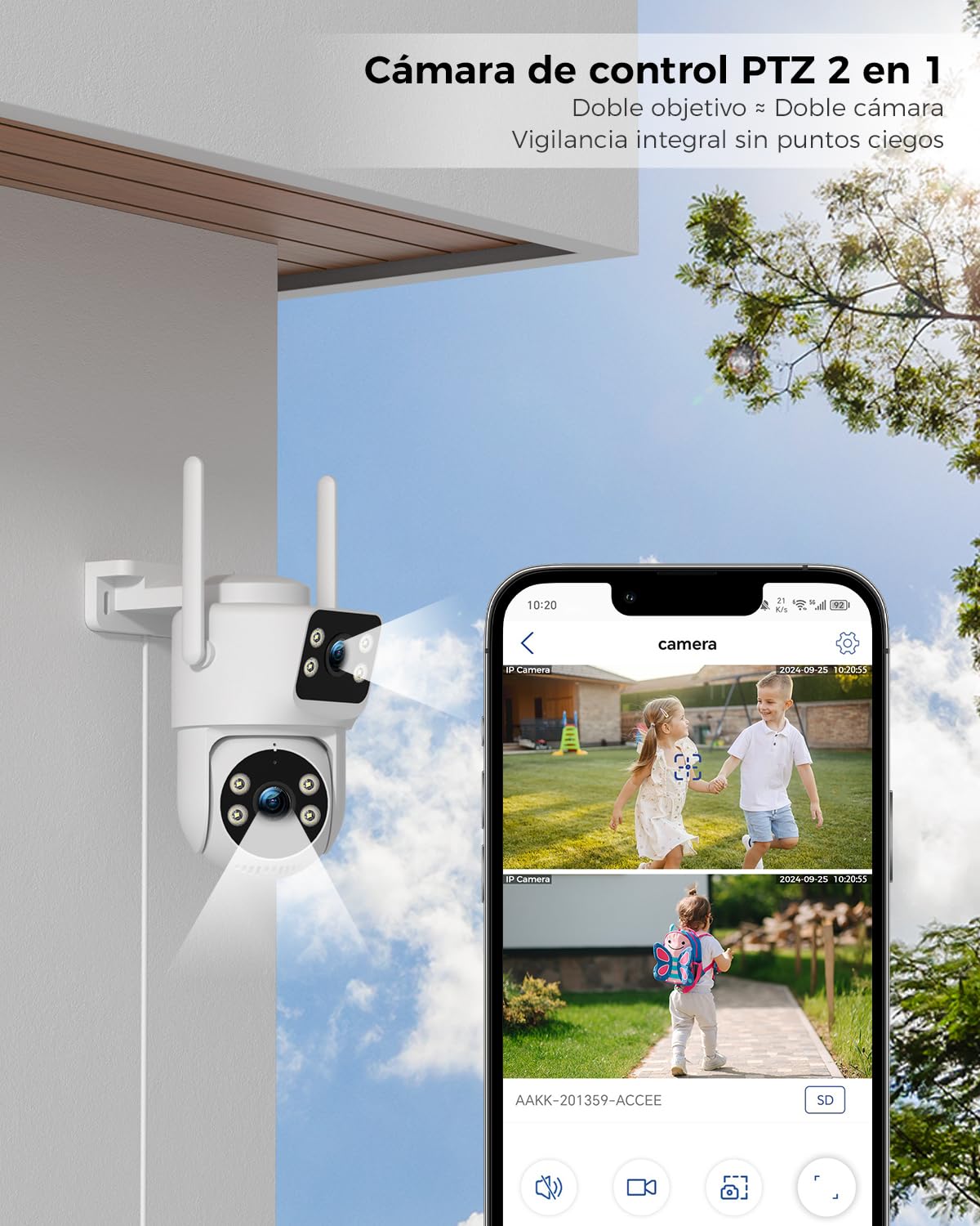 Ctronics Camara Vigilancia WiFi Exterior con Doble Lente, PTZ Cámara 2.4/5Ghz NVR, Seguimiento Automático, Visión Nocturna Color 30M y Grabación 24/7, Compatible PC/Tablet/Móvil,1080P, IP66