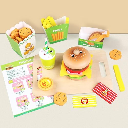 Miniatura 5 de Juego de comida de madera para hamburguesas para niños, juego de comida rápida con bandeja, accesorios de cocina de juego de simulación para niños