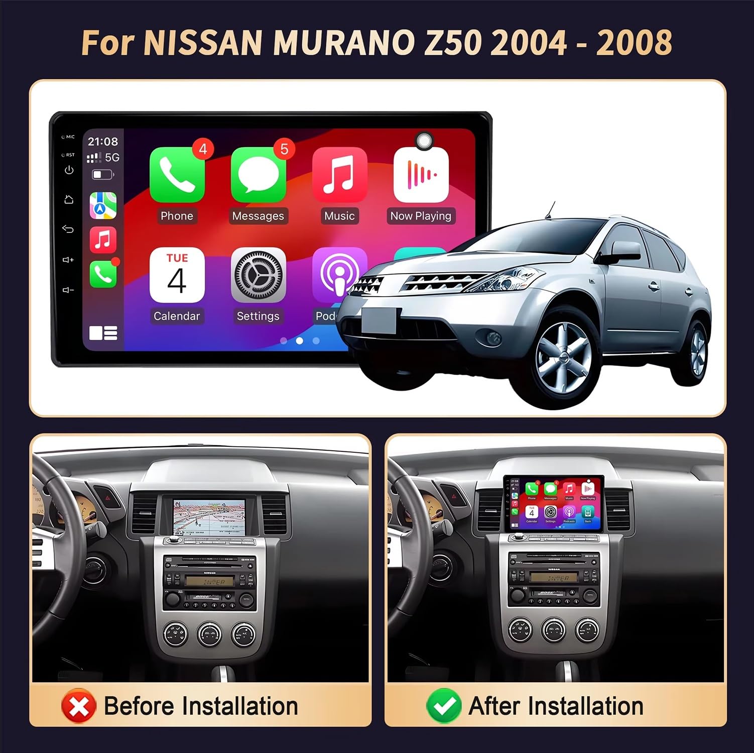 Radio para Coche Android 15 con Pantalla táctil HD de 9 Pulgadas para Nissan Murano Z50 2004-2008 Carplay cámara de visión Trasera Mirror Link Reproductor Multimedia estéreo para Coche (RS40 4+64 GB) — view 2