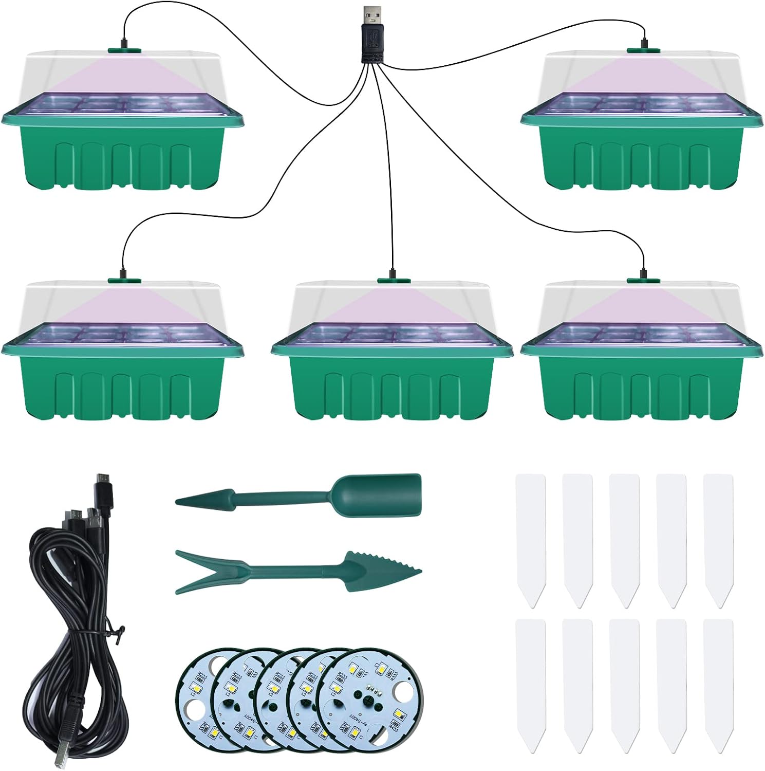QMCAHCE 5Pack Seed Starter Tray With Grow Light, Greenhouse Mini Plant