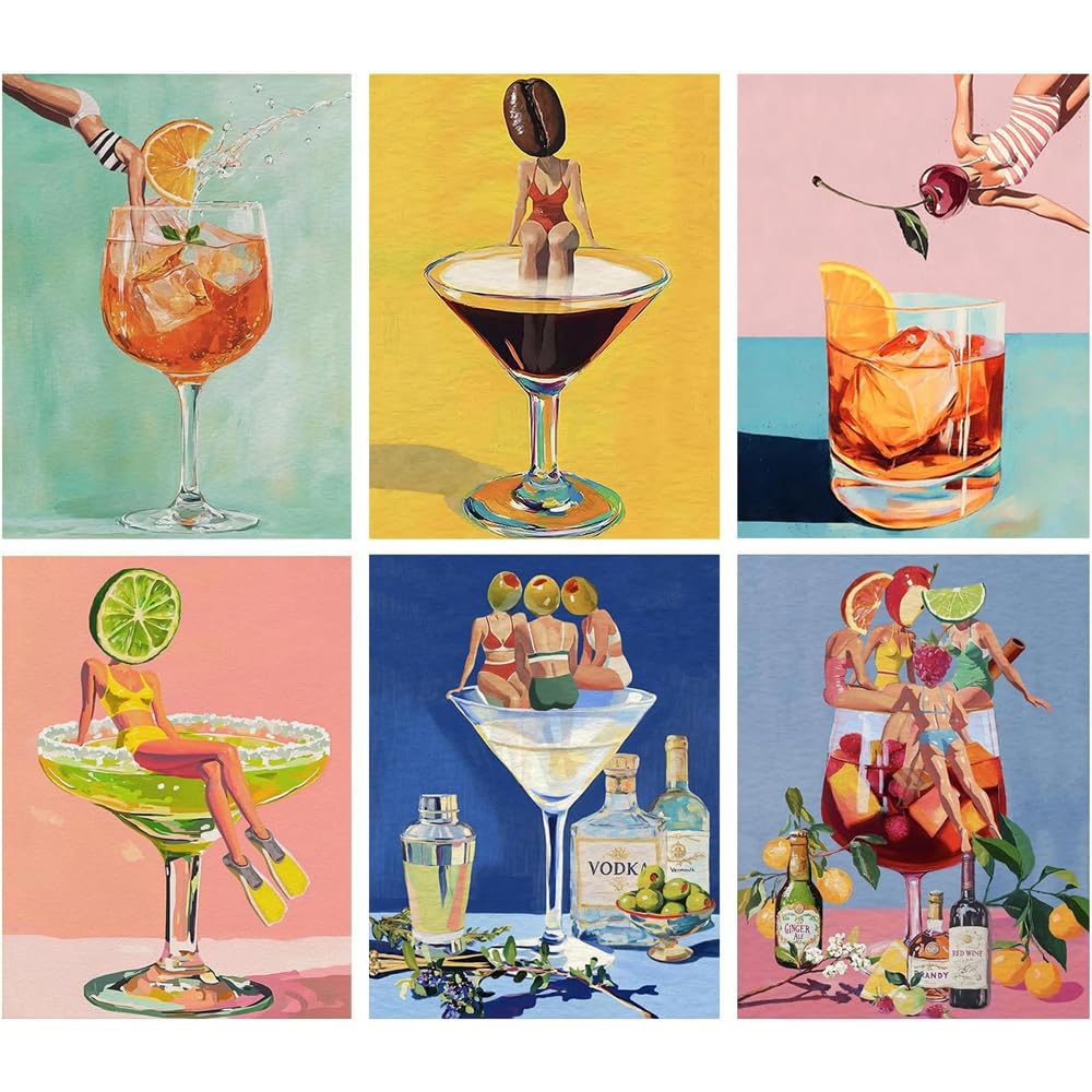 Jakener 6 Pack Diamond Art Kits Adults, 5D Fun Cocktail Woman Diamond Painting Kit for Adults, DIY Full Round Drill Crystal Gem Art Kits, Home Wall Decor 12x16 Inch