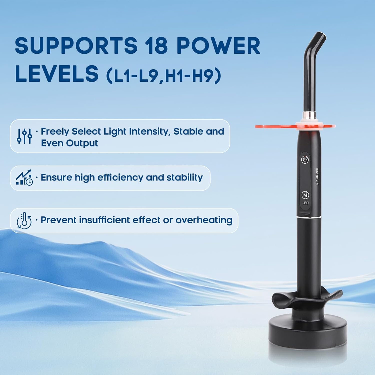 Cur/ing Light, 3 Modes with 18 Adjustable Power Levels, Real-Time Display, 24000mW/cm², 360° Rotatable Lamp Head, Rechargeable Design