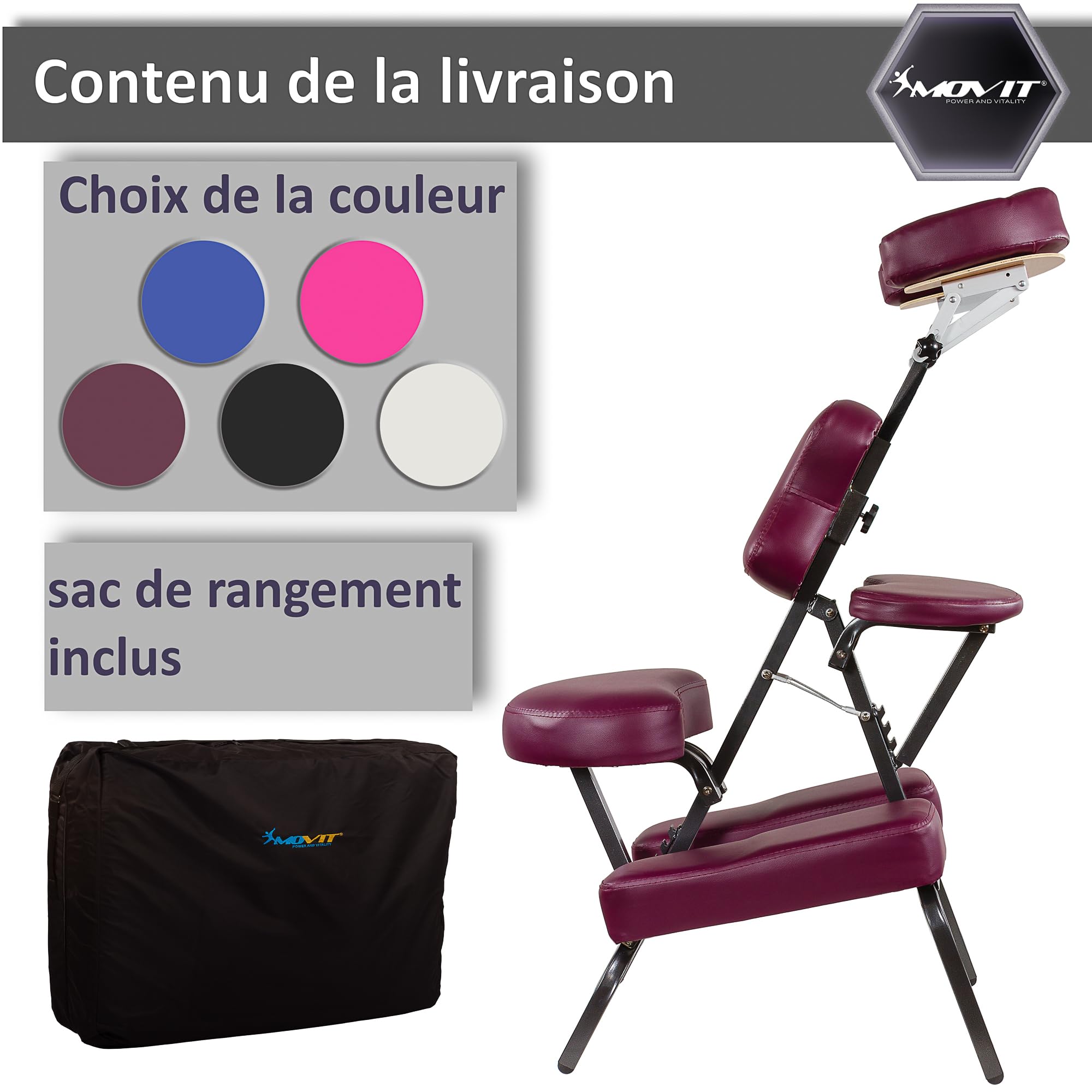 MOVIT Chaise de Massage Pliante/Chaise de Tatouage avec Sac, supporte jusqu'à 200 kg, Choix de Couleurs, Noir