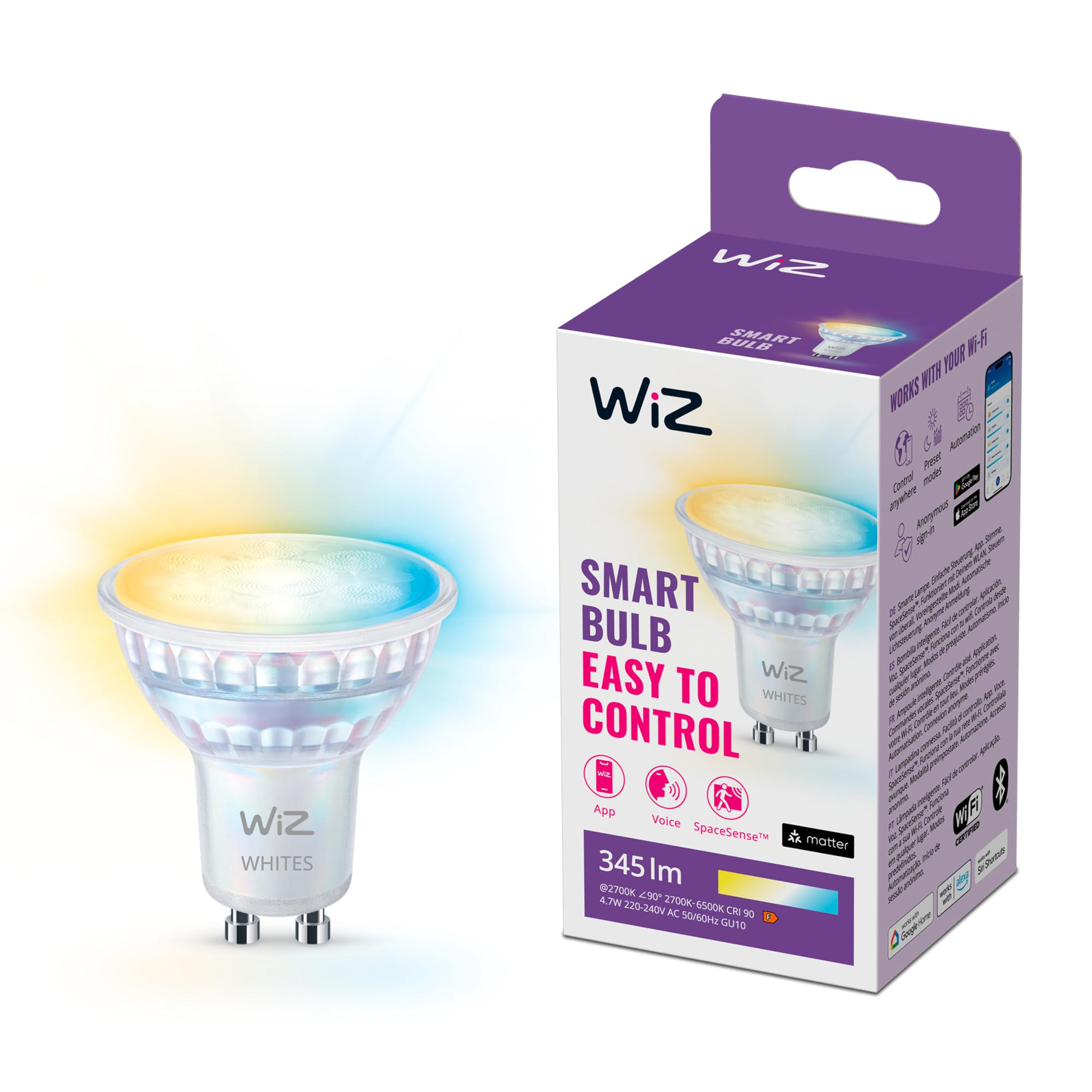WiZ Vorteilspaket - GU10 - mit 6 Spots - 50W - 400lm - Warm bis Kaltweißes Licht - Smarte LED Beleuchtung - Funktioniert mit Apple HomeKit, Alexa und Google Home - Tunable White