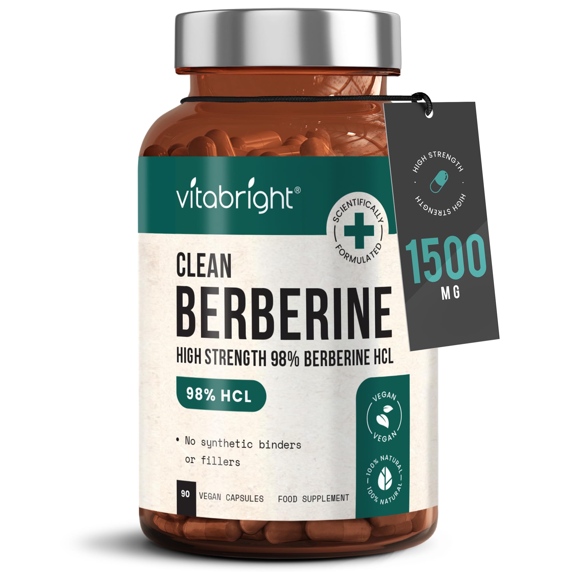 VitaBright Berberine Supplement 500mg Capsules x 90 | 98% Pure Berberine HCL | Clean High Strength Berbarine