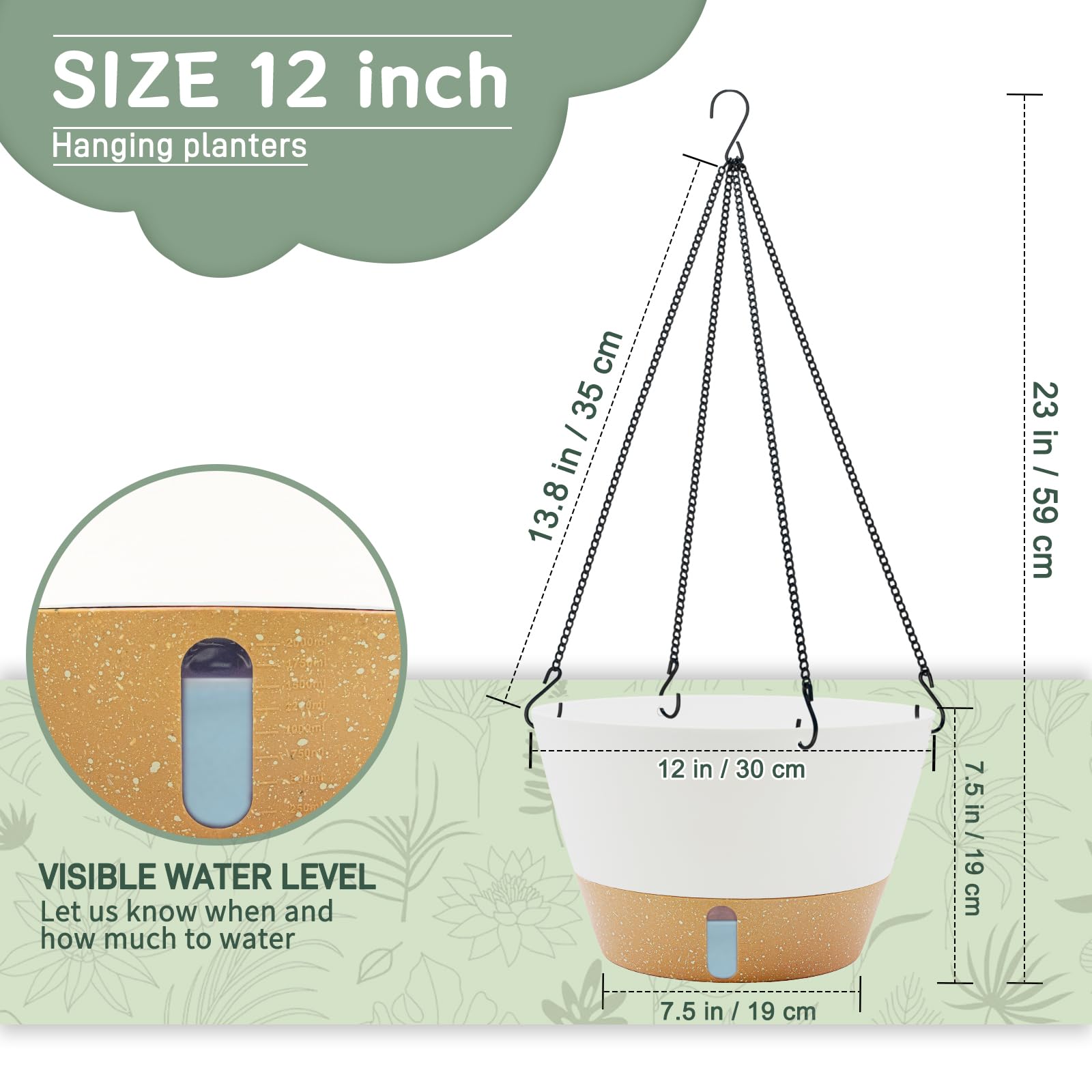 ZMTECH Vasi Sospesi Auto-irriganti 30cm, Set di 2, con Sottovaso, Indicatore di Livello Acqua e Fori di Drenaggio per Piante da Interno ed Esterno, Bianco