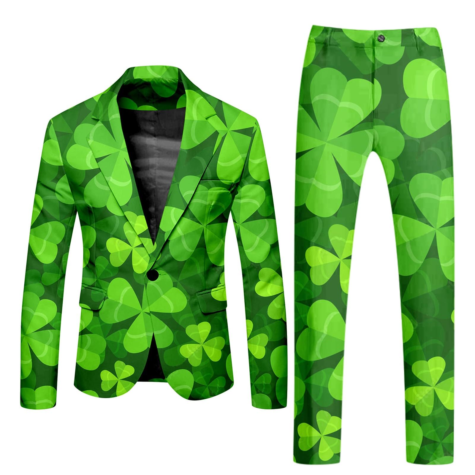 Mens St. Patrick's Day Formal Suit Set, 2-Piece Irish Clover Printed Blazer with Lapel & Wide Leg Trousers, Shamrock Fancy Dress Outfit Elegant Green Theme Costume Attire for Spring Party
