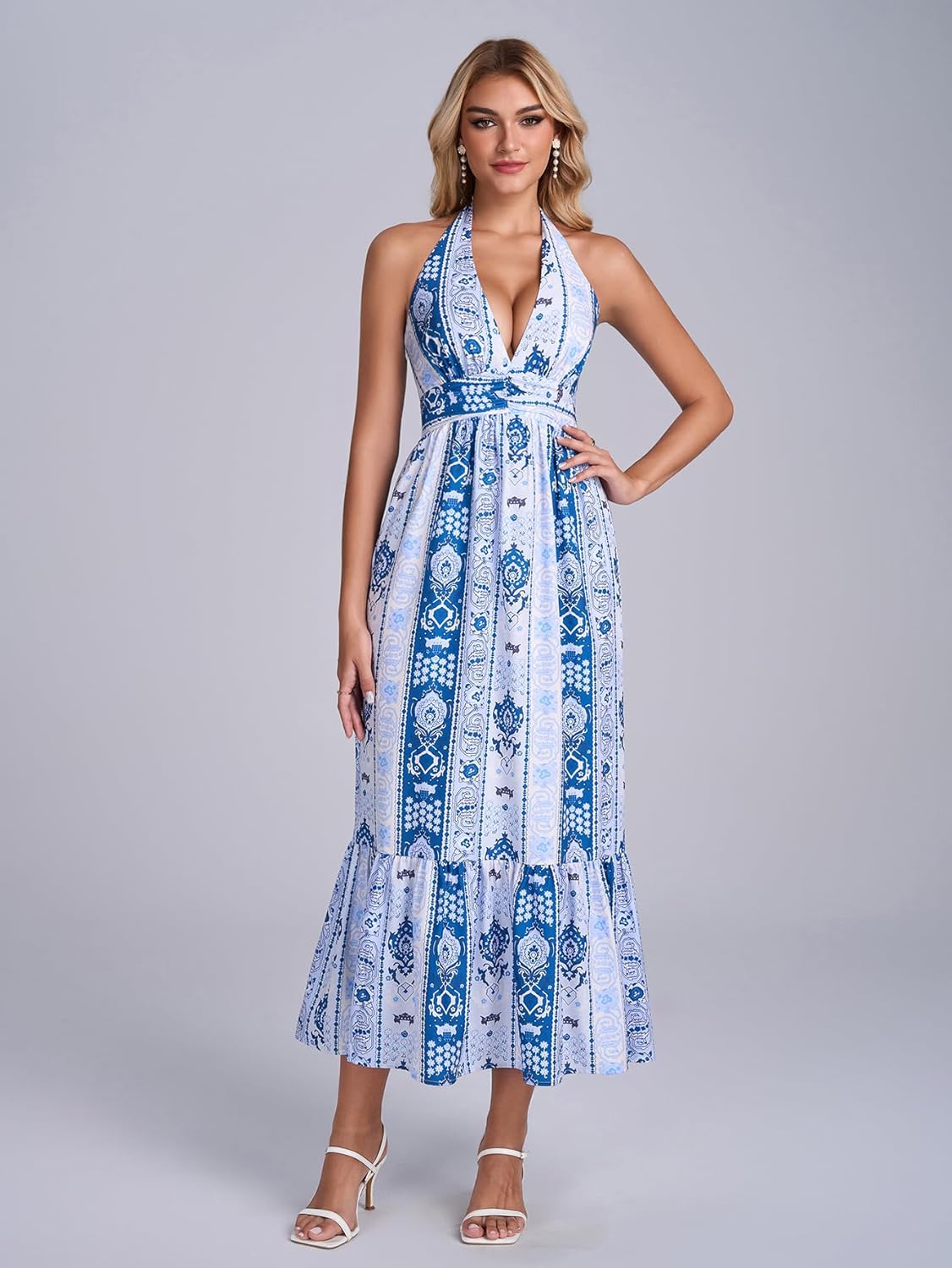 Casual Halter Maxi Sundress Floral Deep V Neck Bow Tie Smocked Flowy Boho Vacation Dress for Women 2026 - Image 2