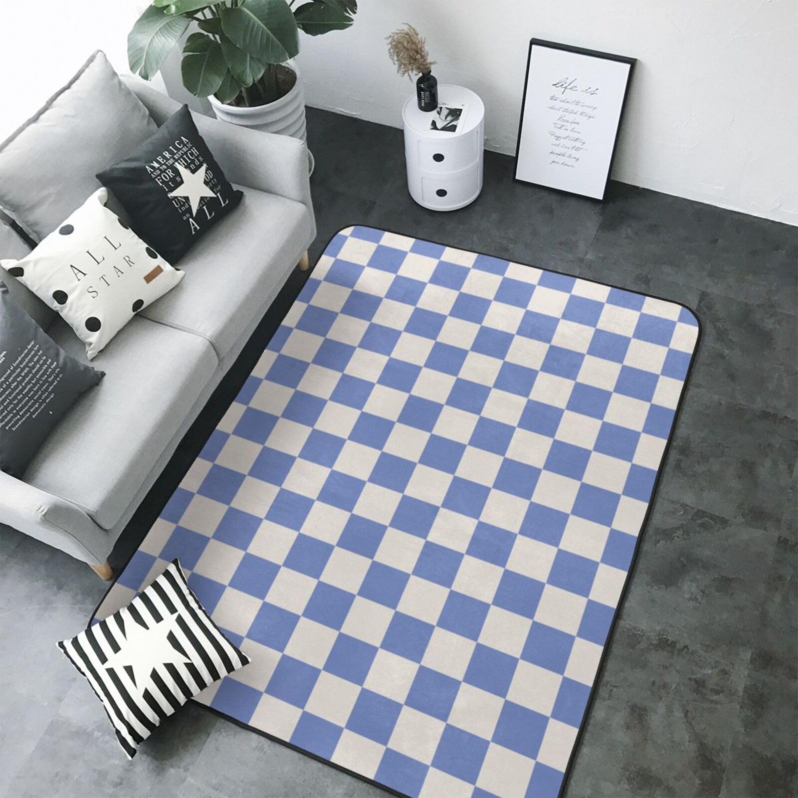 Grand tapis doux de salon au tissage bicolore bleu et blanc