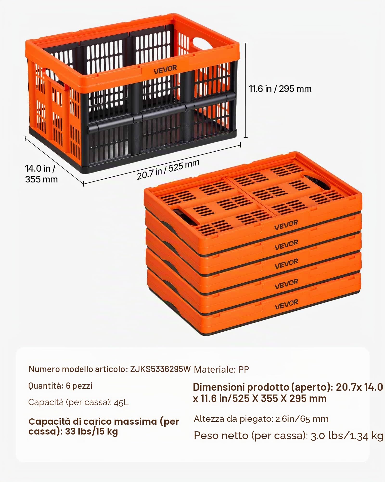 VEVOR Scatole Portaoggetti Pieghevoli in Plastica 45 L, Cassette Pieghevoli Impilabili con Maniglie, Confezione da 6, Portata Massima 15 kg, Cestini Contenitori Pieghevoli Resistenti e Salvaspazio