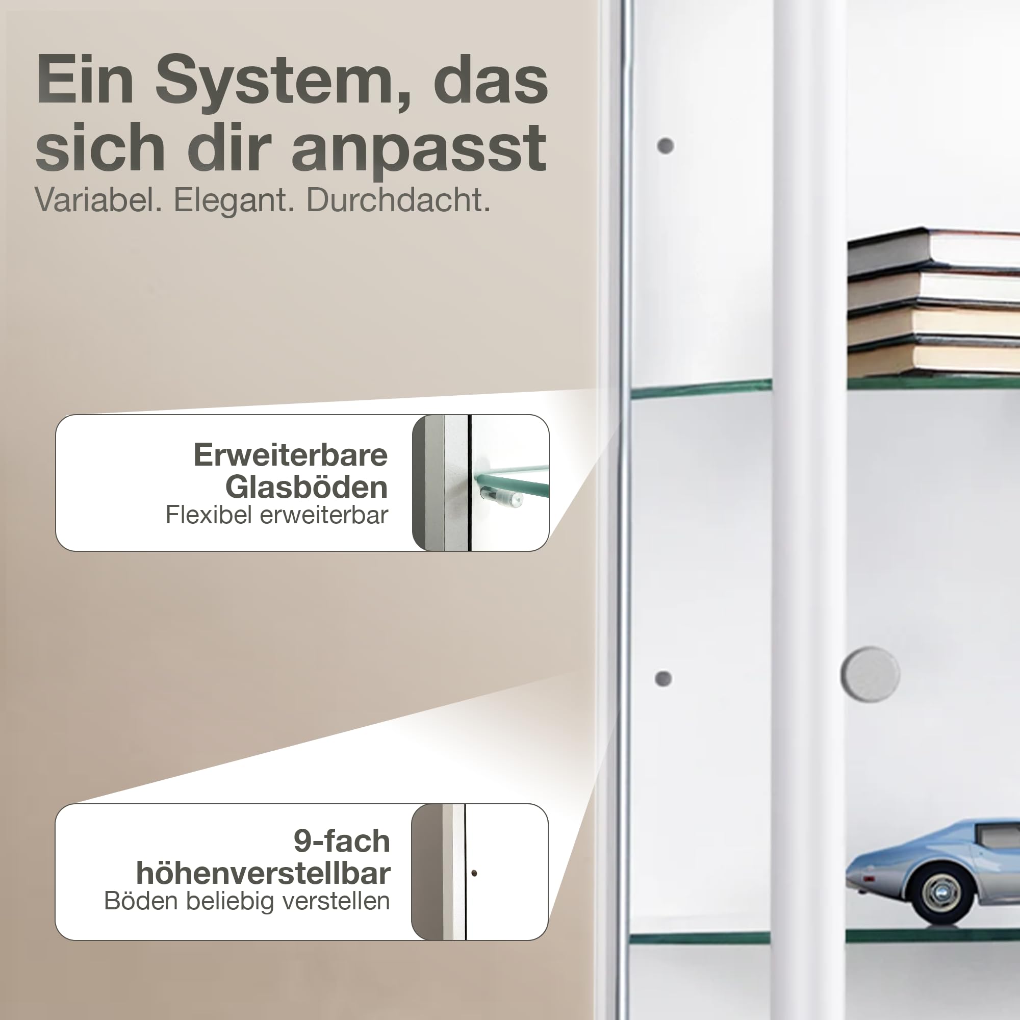 Vitrinenschrank 2-türig (176x67x33cm) - Made in Germany - Standvitrine Weiss mit 4 höhenverstellbaren Glasböden & LED - Glasvitrine Stehend - Vitrine Glas - Display Cabinet
