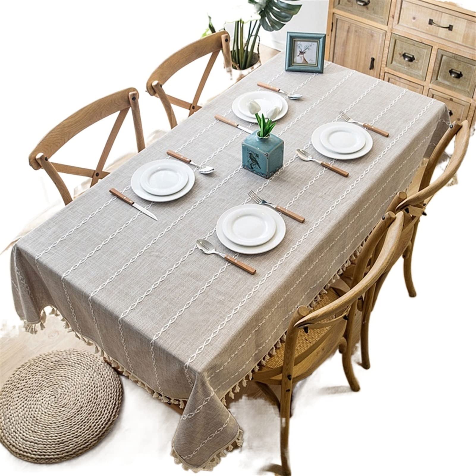 JINGYAN Tablecloths Solid Decorative Linen Tablecloth With Tassel Waterproof Thicken Rectangular Wedding Dining Table Cover Tea Cloth(Khaki,140x250cm)