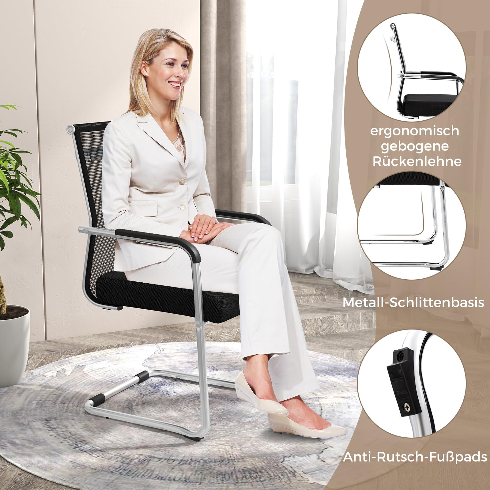 COSTWAY Freischwinger Stühle 4er Set, stapelbare Schwingstühle mit Metallkufenbasis & Armlehne, Bürostühle, Konferenzstühle, Besucherstühle für Büro, Konferenzraum, Arbeitszimmer, Schwarz