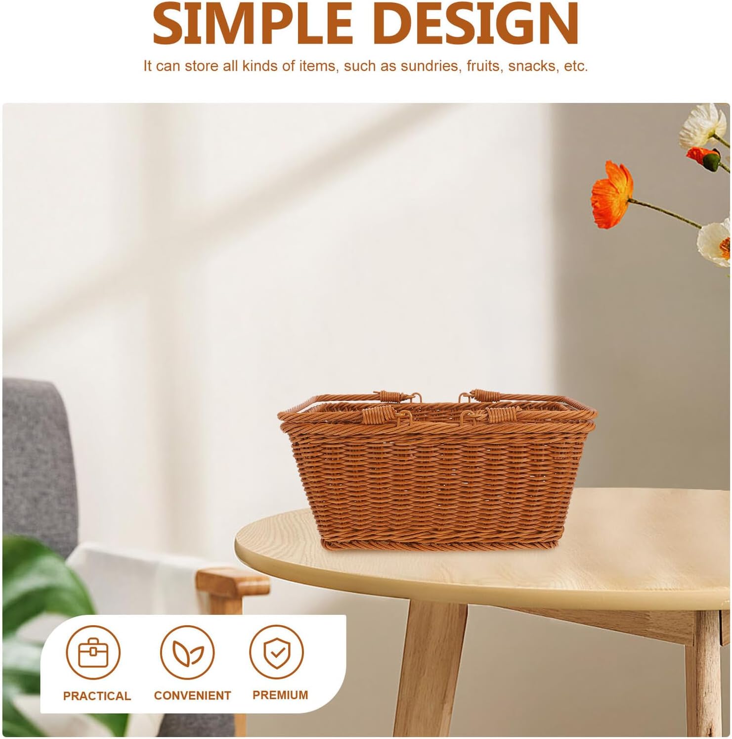 jojofuny Hand-Woven Rattan Picnic Basket with Handle, Outdoor Fruit and Vegetable Storage Woven Basket for Grocery Shopping and Serving