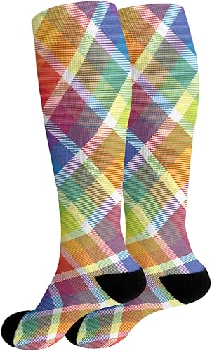 Miniatura 2 de devor Calcetines de algodón para mujer hasta la rodilla para mujer, calcetines de longitud de la tripulación, lindo arco iris cuadrado celosía