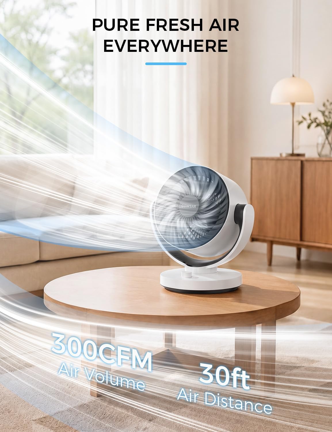 COWSAR Fan for Bedroom, 28db Quiet Table Air Circulator Fans for Whole Room, 90° Vertical Manual and 80° Oscillating Auto, 3 Speeds, 11 Inch Desktop Fan for Home, Office, Kitchen