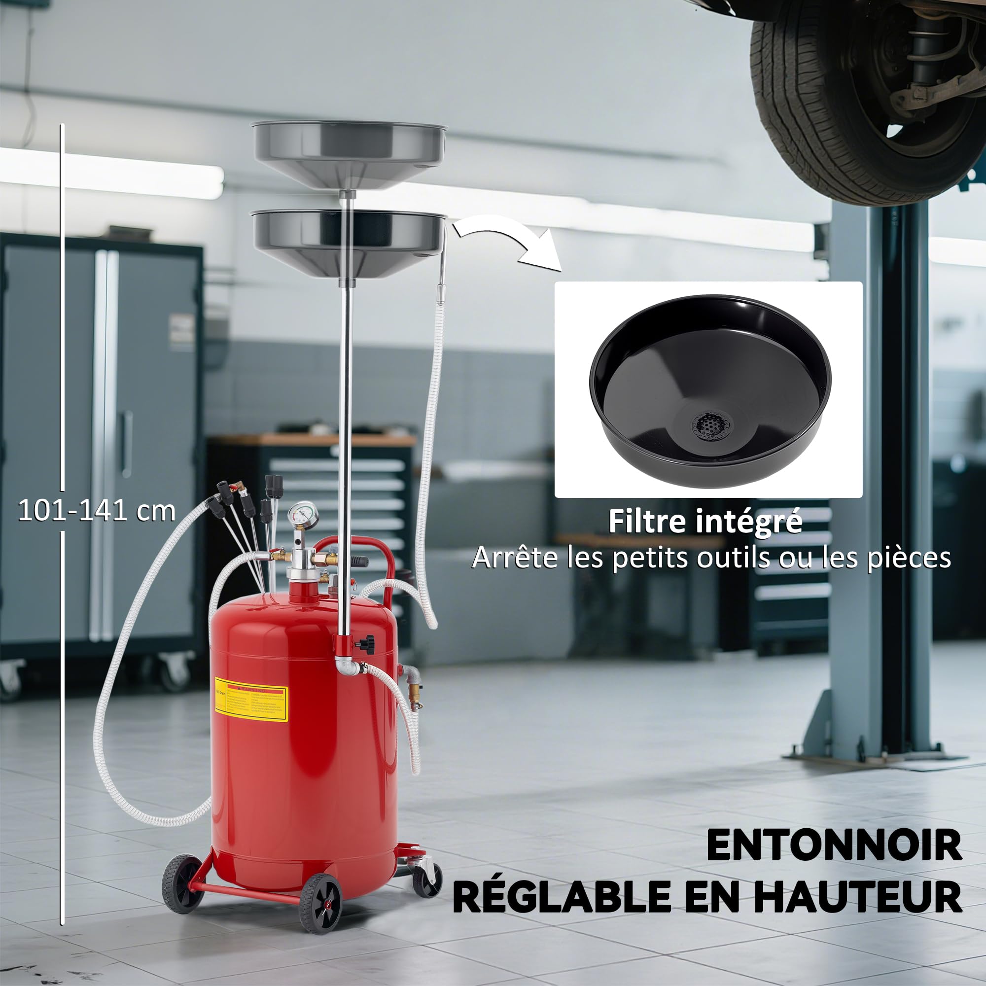HOMCOM Récupérateur de Vidange d'Huile Usagée 80 L Hauteur 101-141 cm Rouge | Hauteur Réglable, Chariot Récupération Huiles Portable, avec Roues et Poignée