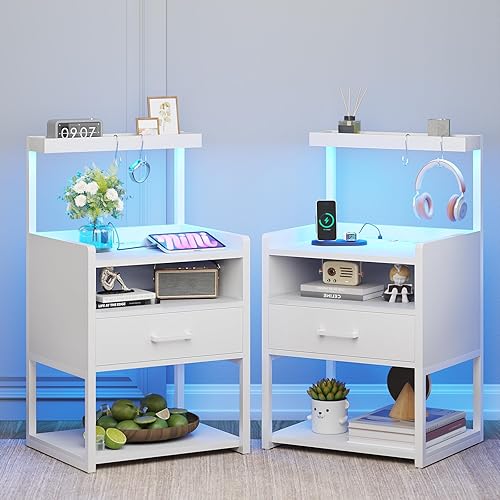 Miniatura 14 de VIAGDO Mesita de noche con estación de carga y luces LED, mesita de noche blanca con cajón, mesa auxiliar moderna con estantes de almacenamiento