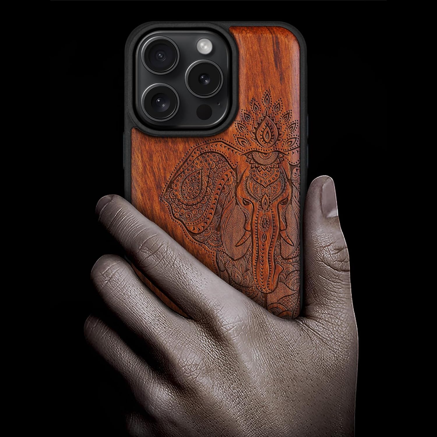 Carveit Magnetic Wooden Case for iPhone 16 Pro Case, Wood Artisan Engraved & Black Soft TPU Shockproof Cover, Compatible with MagSafe Wireless Chargers (Indian Lotus Elephant) Rosy