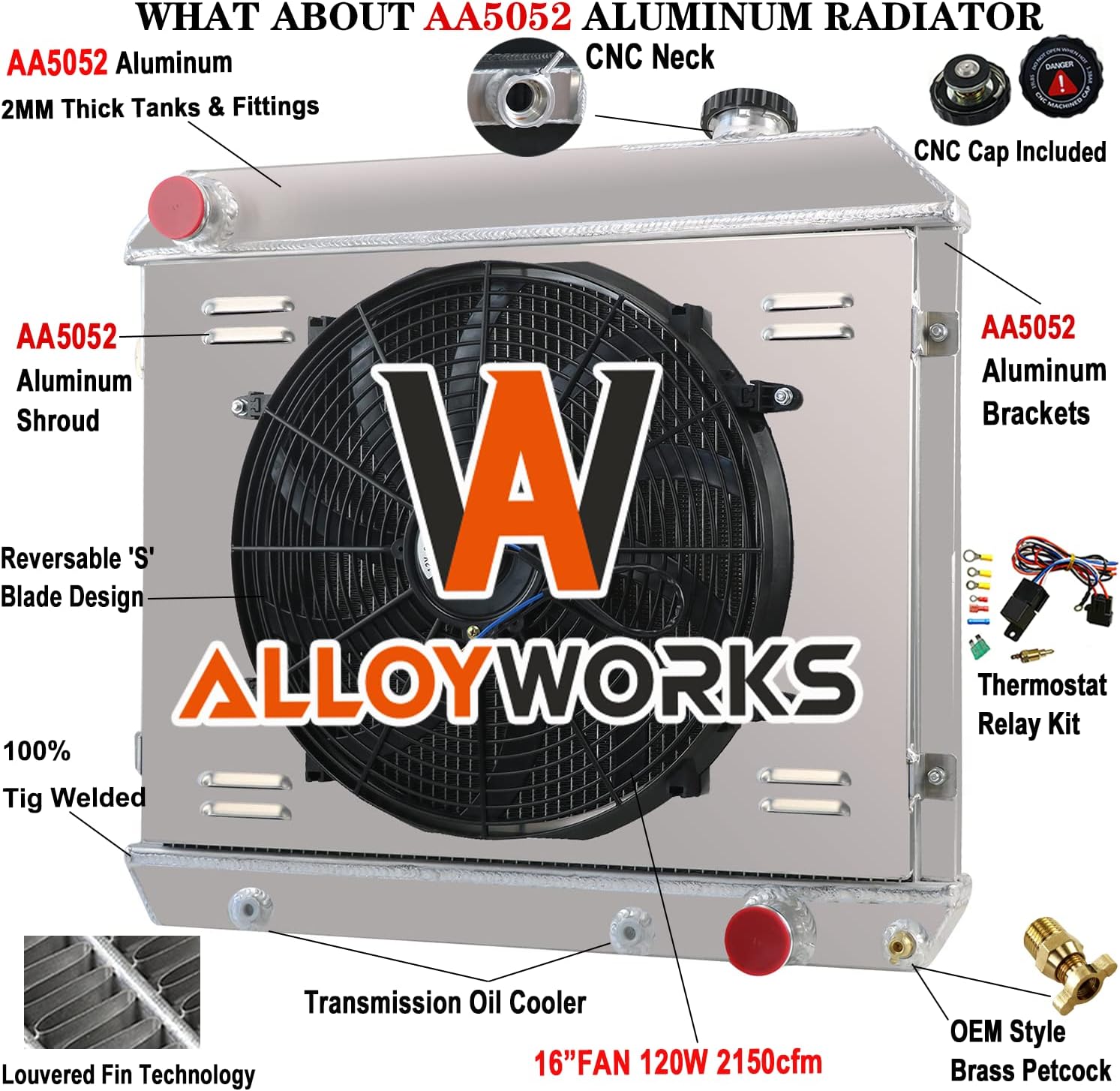ALLOYWORKS 4 Row Core Aluminum Radiator For 1961-1966 Chevy C/K Series Truck Pickup Suburban (Radiator Fan Shroud KIT)