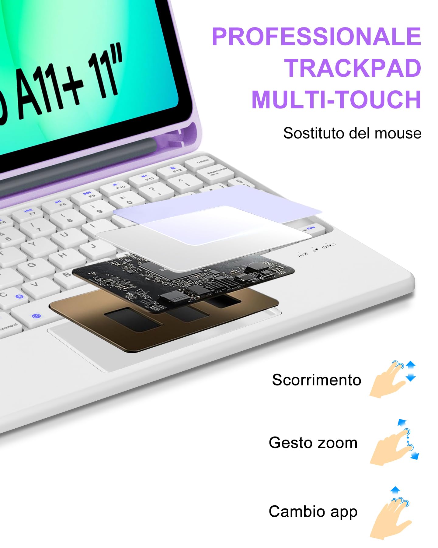 Custodia con Tastiera Bluetooth per Samsung Galaxy Tab A11+ 11" (2025) & A9+ 11" (2023), Cover Italiana QWERTY con Touchpad, Senza Retroilluminazione, Porta Penna, Lilla Chiaro